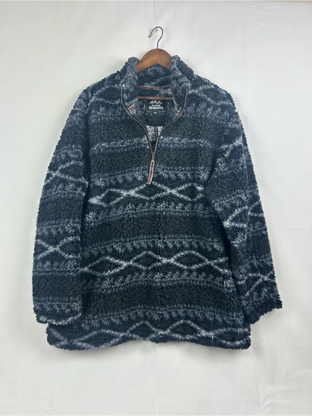 Alpine Sherpa Navy Gray Aztec Quarter Zip Fleece Pullover Women’s XL